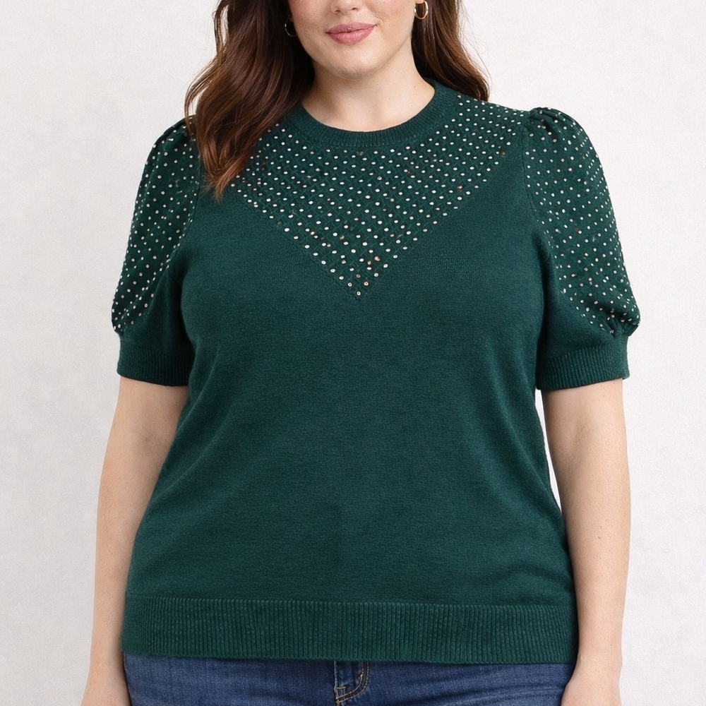 Beldini Green with Pearl Detail 2X — Short Sleeve Knit Top